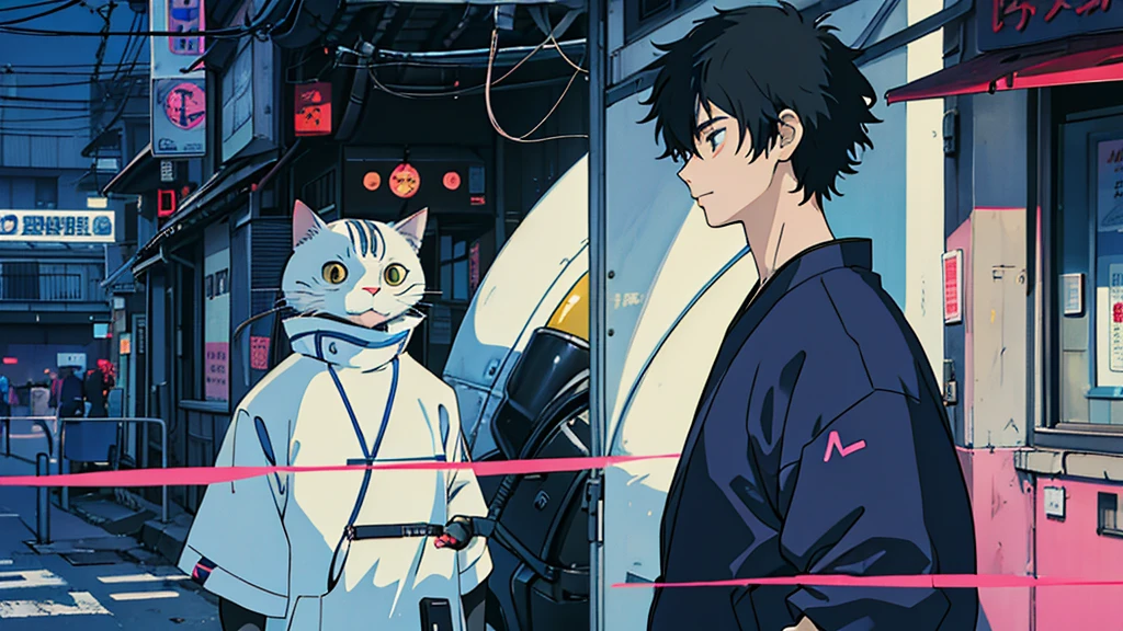 Disguised cat Black Hair male Anime Style Highest quality Japanese cyber punk Delicate quality Beautiful illustrations High quality down to the last detail