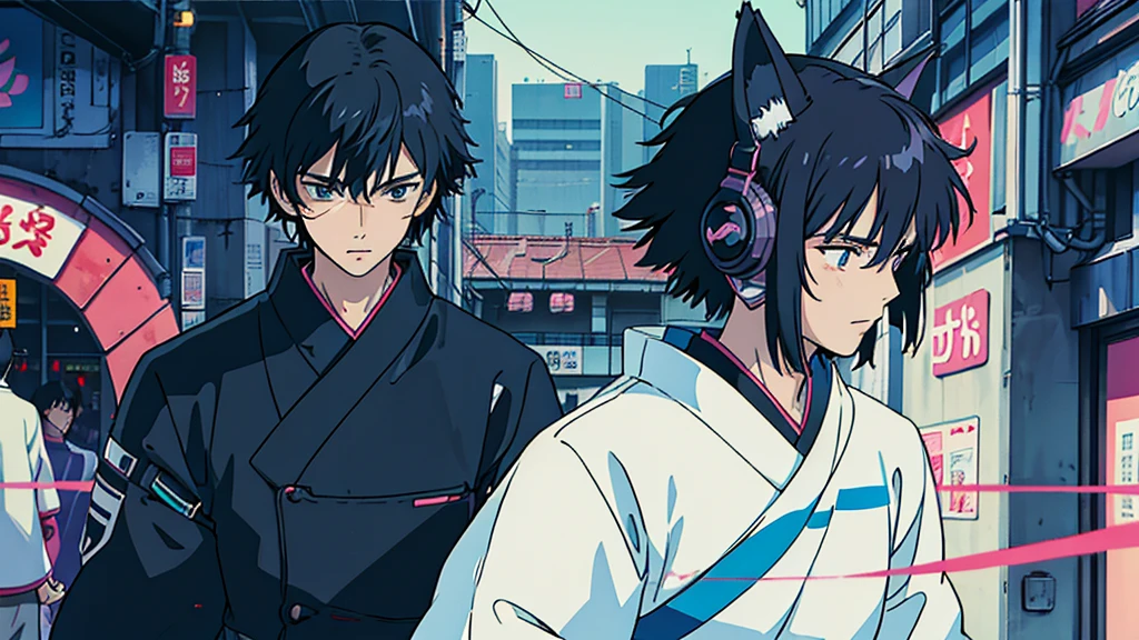 Disguised cat Black Hair male Anime Style Highest quality Japanese cyber punk Delicate quality Beautiful illustrations High quality down to the last detail
