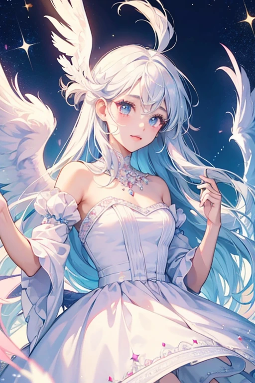 "A detailed portrait of Lirael, a delicate and radiant fairy with wings that shimmer like moonbeams. She is small in stature, with ethereal, translucent wings that glisten in shades of silver and soft blue. Her hair is a light, silvery blonde, flowing down to her waist, and her eyes are large, luminous, and the color of the pale moon. Lirael's expression is playful yet wise, reflecting her mischievous yet caring nature. She wears a flowing gown made of soft, glowing fabric that seems to be woven from stardust, adorned with tiny flowers and leaves that glow faintly in the dark. Lirael is surrounded by a soft, magical light that illuminates her presence in the dark, mystical forest she calls home, with the light of the twin moons casting a gentle glow in the background."





