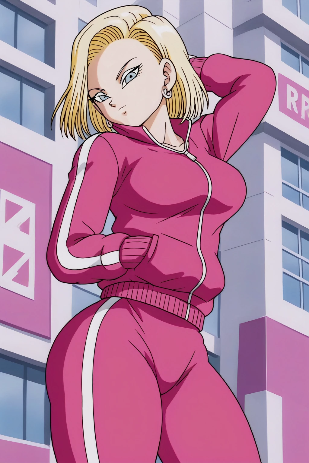 source_anime, score_9, score_8_up, score_7_up, anime screencap, detailed face, android 18, supertop, 1girl, solo, looking at viewer, short hair, blue eyes, blonde hair, collarbone, hoop earrings, city, street, collar up, track jacket, pink jacket, open jacket, white top, track suit, track pants, pink pants, standing, hands in pockets, from below, big breasts, sexy hips, big ass, thick legs, sexy body.