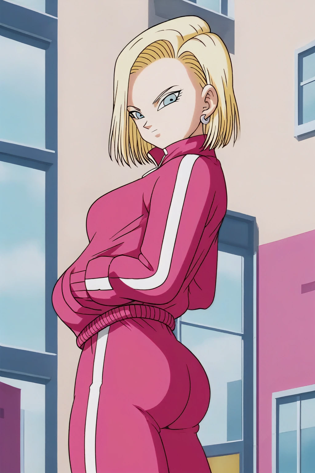 source_anime, score_9, score_8_up, score_7_up, anime screencap, detailed face, android 18, supertop, 1girl, solo, looking at viewer, short hair, blue eyes, blonde hair, collarbone, hoop earrings, city, street, collar up, track jacket, pink jacket, open jacket, white top, track suit, track pants, pink pants, standing, hands in pockets, from below, big breasts, sexy hips, big ass, thick legs, sexy body.
