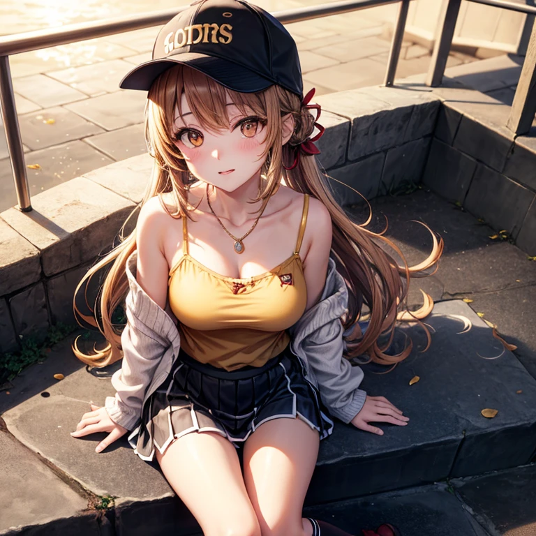Red, brown, gold, gold hair、Golden Eyes、Hair tied up、One good looking girl、solo、anime、Checkered mini skirt、Ruffles on the skirt、camisole、camisole、Lightweight cardigan、Black knee-high socks、Wearing a baseball cap、Wearing a ribbon、Ribbon on waist、Teeth are visible、Sunset sky、Cumulonimbus、Silver coin necklace、shine、From above、Sparks are flying、tunnel、Cobblestones、Sitting on the stairs