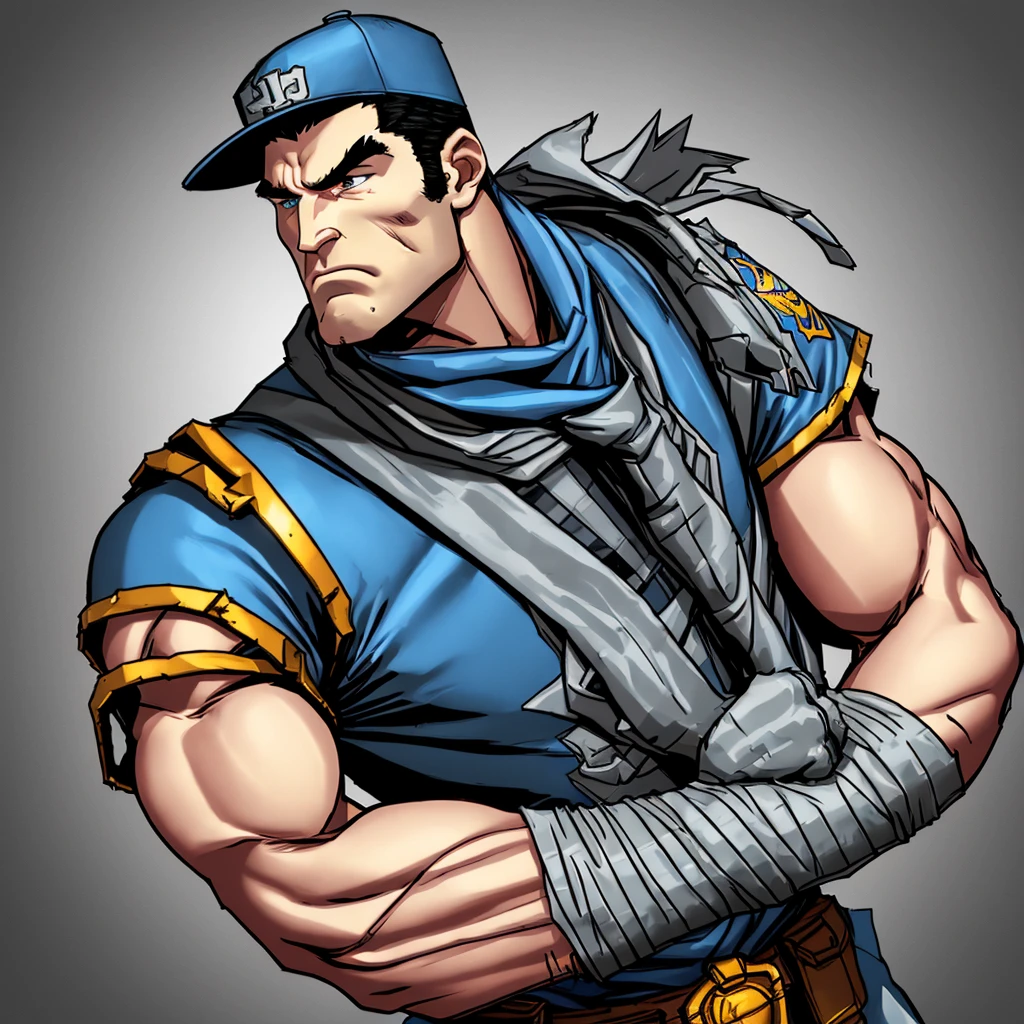 Realistic 3D male model with full body composition, wearing a full body hero suit and cape with a professional baseball uniform pattern, very short hair, crew cut, cool dandy-type older man of a veteran age, with a shiny, sparkling blue cape that is longer than his body, gloves and a cap hat always worn, original hero, only eyebrows, eyelashes and eyes visible, mouth bound and sealed with bandages, upper half of face bare with sharp gaze, 6 pack abs, muscular macho, sturdy body, cool, legs closed, arms clasped behind back, whole body bound and sealed with duct tape, held. Tired, collapsed and sleeping with eyes closed. Coat of arms, in a dark room background, whole body facing forward, backward, left and right (north, south, east) and right, mummified and restrained image