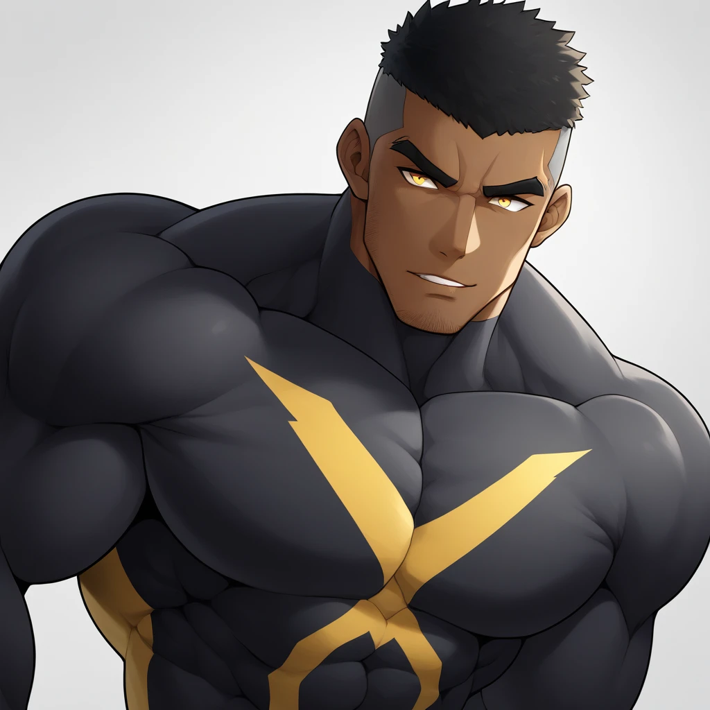 negro, negro, negro, anime characters:Gyee, Muscle Sports Student, negro black skin, Very Black, 1 muscular tough guy, Manliness, male focus, Dark grey and Yellow long sleeve tights, Symmetrical floral pattern, Very tight, The pectoral muscles are oversized, Slightly transparent, muscular male, muscular, only, Upper body, alone, Black short hair, Thick eyebrows, stubble, Yellow eyes, White background, simple background, amazing quality, best aesthetics, Ridiculous, bright pupils, crew cut, parted lips, seductive smile, torogao, naughty face, best quality