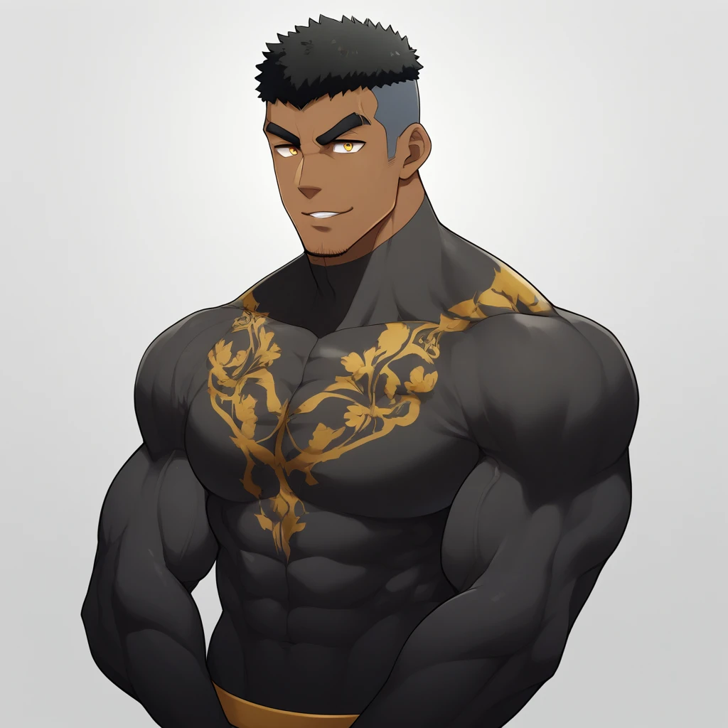negro, negro, negro, anime characters：Gyee, Muscle Sports Student, negro black skin, Very Black, 1 muscular tough guy, Manliness, male focus, Dark grey and Yellow long sleeve tights, Symmetrical floral pattern, Very tight, The pectoral muscles are oversized, Slightly transparent, muscular male, muscular, only, Upper body, alone, Black short hair, Thick eyebrows, stubble, Yellow eyes, White background, simple background, amazing quality, best aesthetics, Ridiculous, bright pupils, crew cut, parted lips, seductive smile, torogao, naughty face, best quality