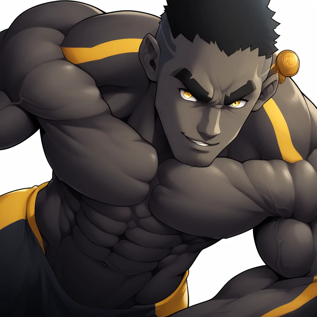 negro, negro, negro, anime characters:Gyee, Muscle Sports Student, negro black skin, Very Black, 1 muscular tough guy, Manliness, male focus, Dark grey and Yellow long sleeve tights, Symmetrical floral pattern, Very tight, The pectoral muscles are oversized, Slightly transparent, muscular male, muscular, only, Upper body, alone, Black short hair, Thick eyebrows, stubble, Yellow eyes, White background, simple background, amazing quality, best aesthetics, Ridiculous, bright pupils, crew cut, parted lips, seductive smile, torogao, naughty face, best quality