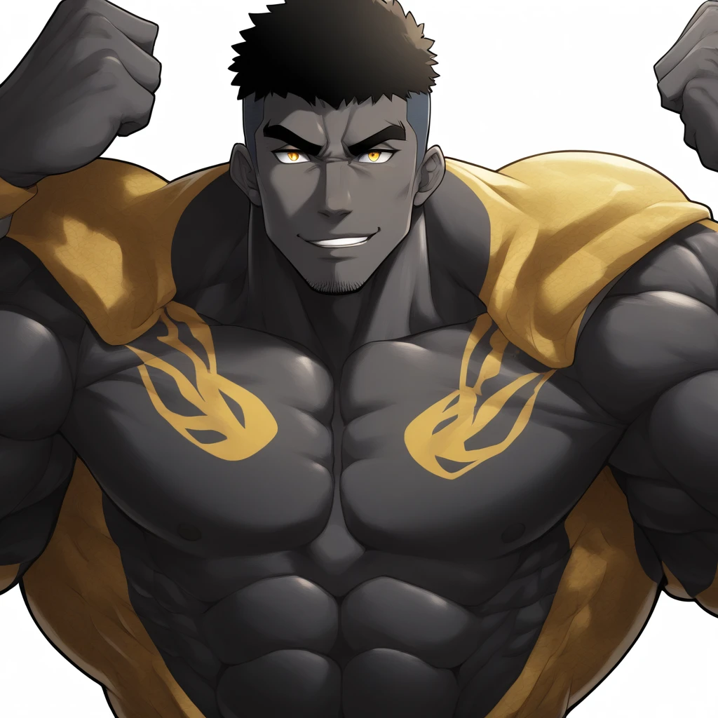 negro, negro, negro, anime characters：Gyee, Muscle Sports Student, negro black skin, Very Black, 1 muscular tough guy, Manliness, male focus, Dark grey and Yellow long sleeve tights, Symmetrical floral pattern, Very tight, The pectoral muscles are oversized, Slightly transparent, muscular male, muscular, only, Upper body, alone, Black short hair, Thick eyebrows, stubble, Yellow eyes, White background, simple background, amazing quality, best aesthetics, Ridiculous, bright pupils, crew cut, parted lips, seductive smile, torogao, naughty face, best quality