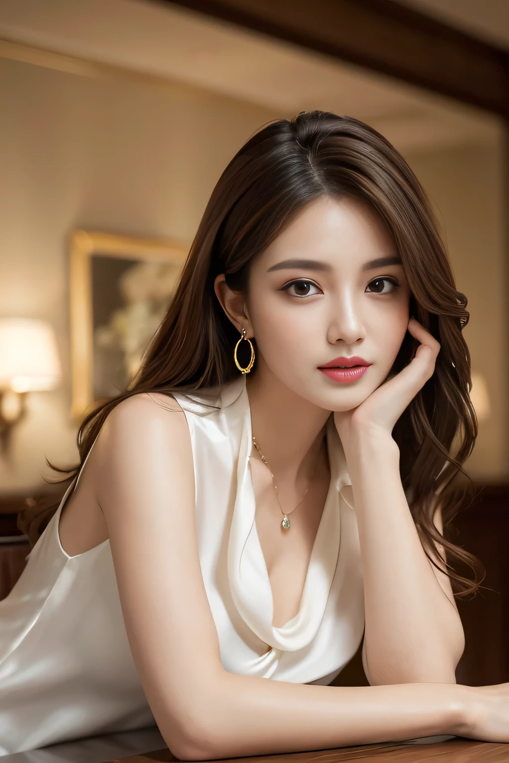 masterpiece, Highest quality, Realistic, Very detailed, Finer details, High resolution, 8k wallpaper, One beautiful woman, Wear an elegant white silk shirt, In a great restaurant, At night, Light brown messy hair, Perfect dynamic composition, Beautiful and beautiful eyes、Big earrings、Sleeveless shirt、
