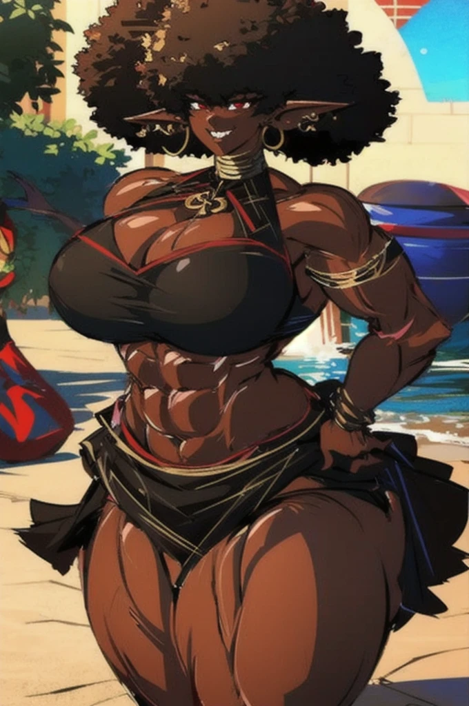 (masterpiece, best quality:1.2),1 girl, voluptuous body, full body, masterpiece, dominant pose, good anatomy, no extra limbs, big ass, thick thighs, black hair, voluminous afro, pointy ears, gold earrings, black top with red details, black skirt with red details, gold necklaces