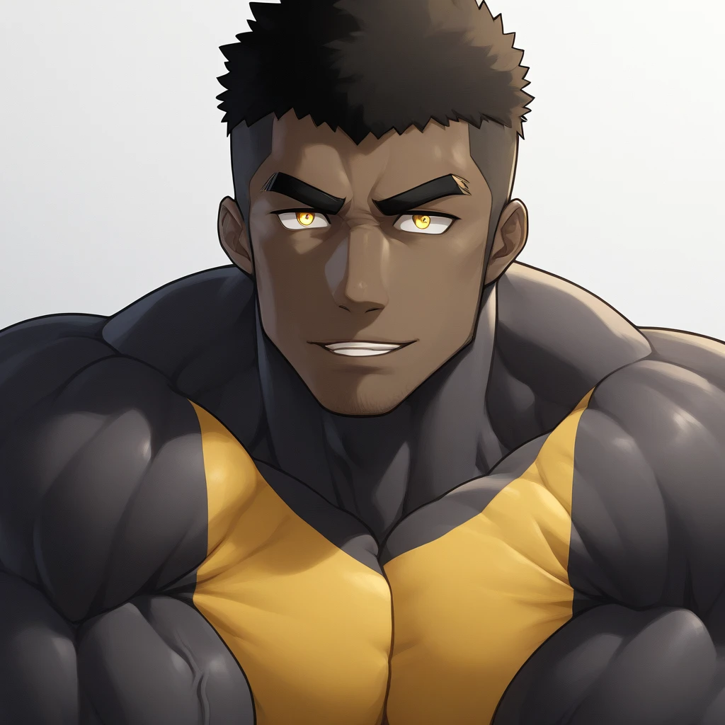 negro, negro, negro, anime characters:Gyee, Muscle Sports Student, negro black skin, Very Black, 1 muscular tough guy, Manliness, male focus, Dark grey and Yellow long sleeve tights, Symmetrical floral pattern, Very tight, The pectoral muscles are oversized, Slightly transparent, muscular male, muscular, only, Upper body, alone, Black short hair, Thick eyebrows, stubble, Yellow eyes, White background, simple background, amazing quality, best aesthetics, Ridiculous, bright pupils, crew cut, parted lips, seductive smile, torogao, naughty face, best quality