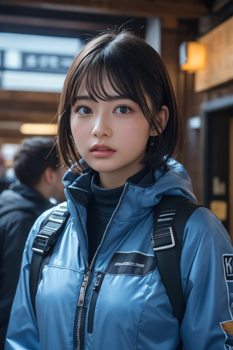 Deep-set eyelids, Blowing in the wind for a long time [Blue-black:.3] hair,View your audience, (masterpiece:1.3), (8k, Realistic, RAW Photos, Highest quality: 1.4), Japanese, (One Girl), Beautiful Face, (Realistic Face), (black hair, short hair:1.3), beautiful hairstyle, Realistic eyes, Beautiful attention to detail, (Realistic Skin), Beautiful Skin, charm, Ultra-high resolution, Ultra-realistic, Very detailed, Ski Team - Insulated Ski Suits and Goggles.前hair長い
