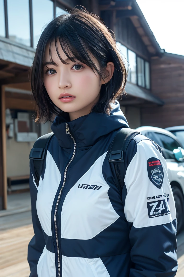 Deep-set eyelids, Blowing in the wind for a long time [Blue-black:.3] hair,View your audience, (masterpiece:1.3), (8k, Realistic, RAW Photos, Highest quality: 1.4), Japanese, (One Girl), Beautiful Face, (Realistic Face), (black hair, short hair:1.3), beautiful hairstyle, Realistic eyes, Beautiful attention to detail, (Realistic Skin), Beautiful Skin, charm, Ultra-high resolution, Ultra-realistic, Very detailed, Ski Team - Insulated Ski Suits and Goggles.前hair長い