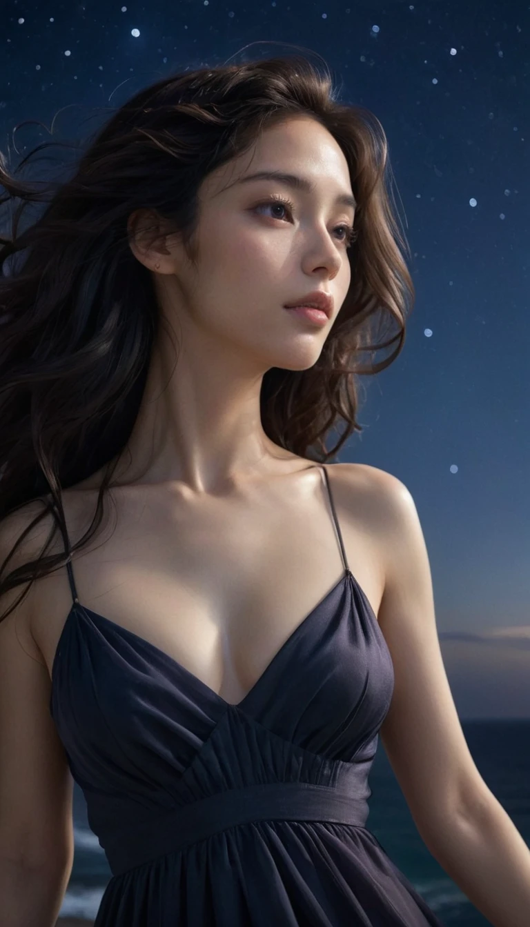 8k, masterpiece, RAW Photos, Highest quality, Realistic, Very detailed, Depth of written boundary, Cinematic Light, Anatomically correct body,
(One elegant beautiful mature woman:1.2),
Wavy black long hair, Very beautiful face, Exquisitely detailed face, Goddess-like deity々Beautiful, Glamorous Body, Very sensitive skin, Transparent white skin, (Large shapely breasts:1.1), Sexy ass, Sexy thighs,
(Silk high slit dress:1.2), Detailed cloth texture, Gorgeous necklace, Gorgeous earrings,
Dark starry background, Milky Way Galaxy, Meteors, Dark coastline at night, Pitch black sea surface,
(Low angle shot:1.5),