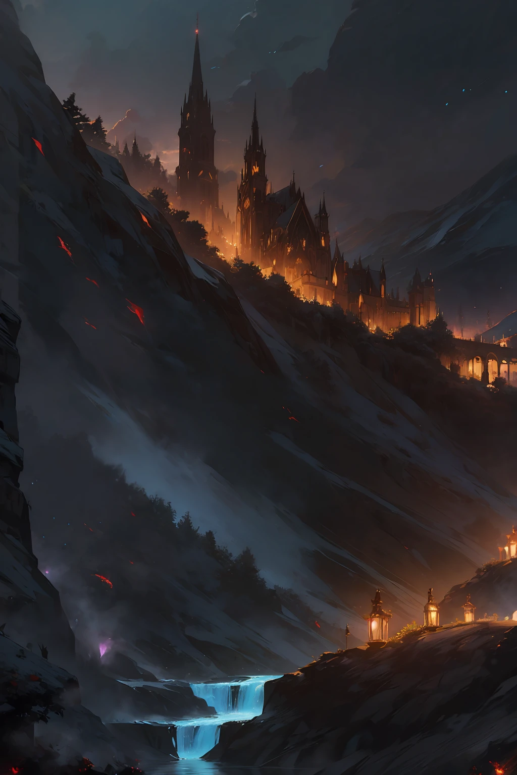 (Absurd, Cinematic, UHD, Extremely, Ultra Detailed, Ultra Detailed) Expansive Landscape Photography, (A Panoramic View Showing a Beautiful Village), (Falling Stars: 0.9), (Nebula: 1.3), Distant Mountain, Production Art of BREAK trees, magic trees, magic forest, village surrounded by a stone wall, magic village, (Warm light source: 1.2), (fireflies: 1.2), night sky, complex details, Volumetric lighting, BREAK realism (work- premium: 1.2), (best quality), 4k, Ultra detailed, water rivers, magical plants, (Dynamic composition: 1.4), Highly detailed, Colorful details, (Iridescent colors: 1.2), (Bright lighting, Atmospheric lighting), dreamy, Magical, (only: 1.2), no characters