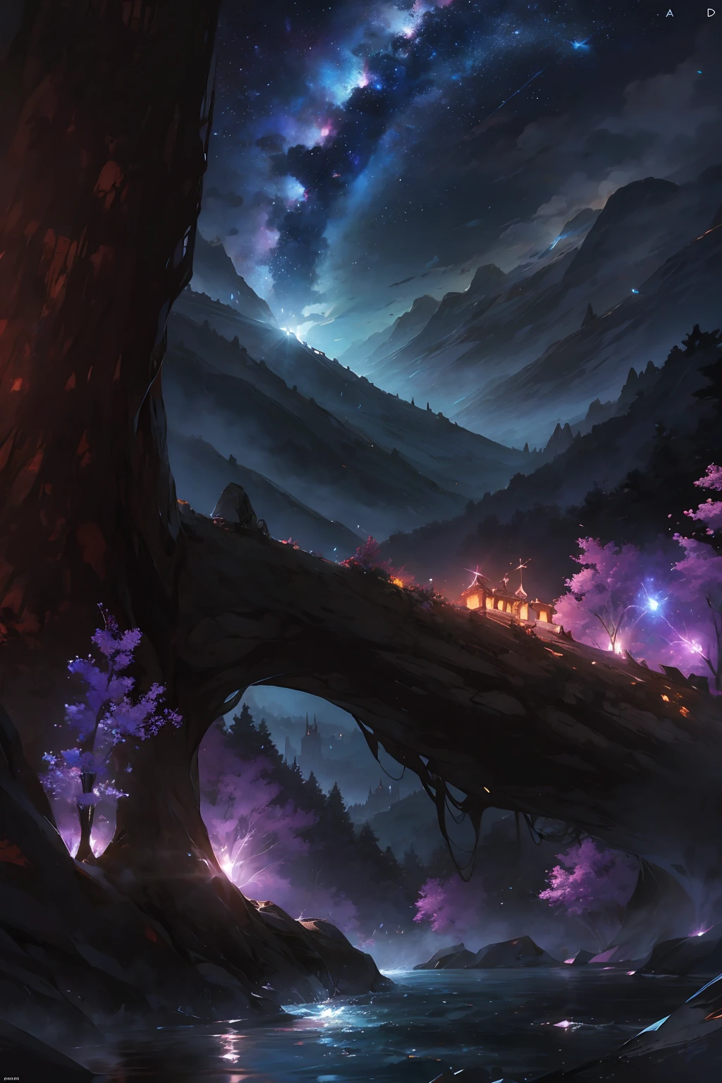 (Absurd, Cinematic, UHD, Extremely, Ultra Detailed, Ultra Detailed) Expansive Landscape Photography, (A Panoramic View Showing a Beautiful Village), (Falling Stars: 0.9), (Nebula: 1.3), Distant Mountain, Production Art of BREAK trees, magic trees, magic forest, village surrounded by a stone wall, magic village, (Warm light source: 1.2), (fireflies: 1.2), night sky, complex details, Volumetric lighting, BREAK realism (work- premium: 1.2), (best quality), 4k, Ultra detailed, water rivers, magical plants, (Dynamic composition: 1.4), Highly detailed, Colorful details, (Iridescent colors: 1.2), (Bright lighting, Atmospheric lighting), dreamy, Magical, (only: 1.2), no characters
