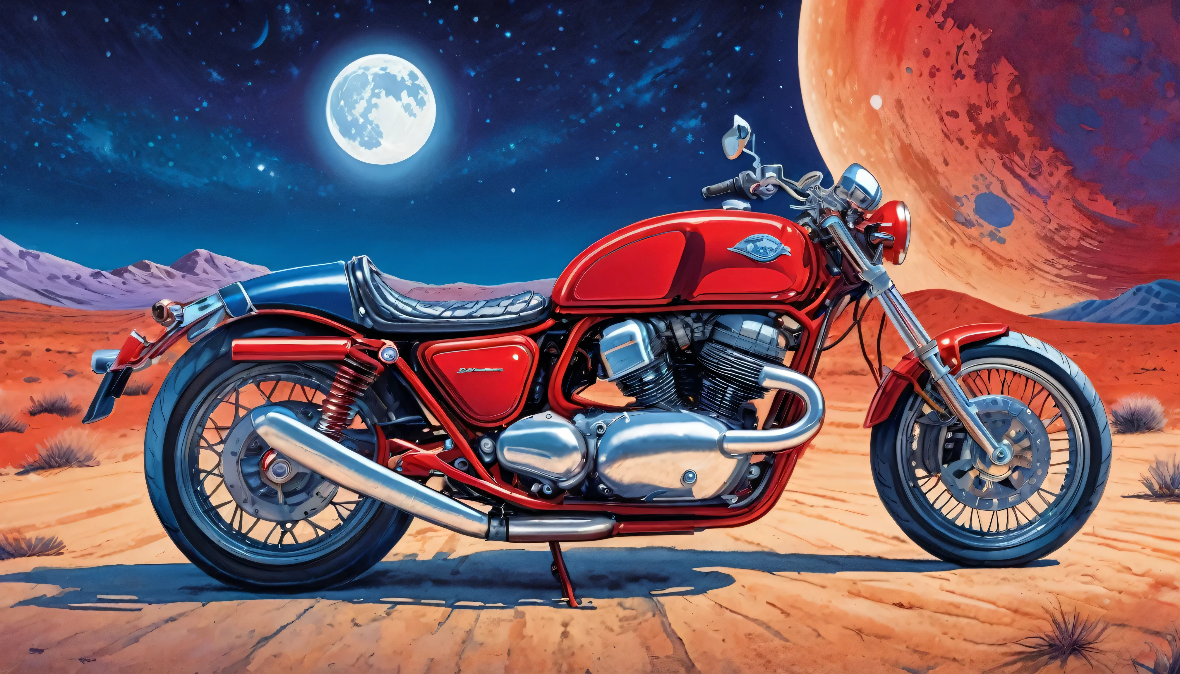(masterpiece), (Highest quality), (The finest details), (Overall view of the distant view), (Postage stamps),(The main color of the illustration: Bright Saturated Red), (Secondary Color: lapis lazuli), A red cafe racer bike driven by a woman in a rebellious pose, very detailed chassis, Futuristic Western Landscape, night (Many Stars, moon), shading (detailed, Very contrasting), Very saturated pulp colors