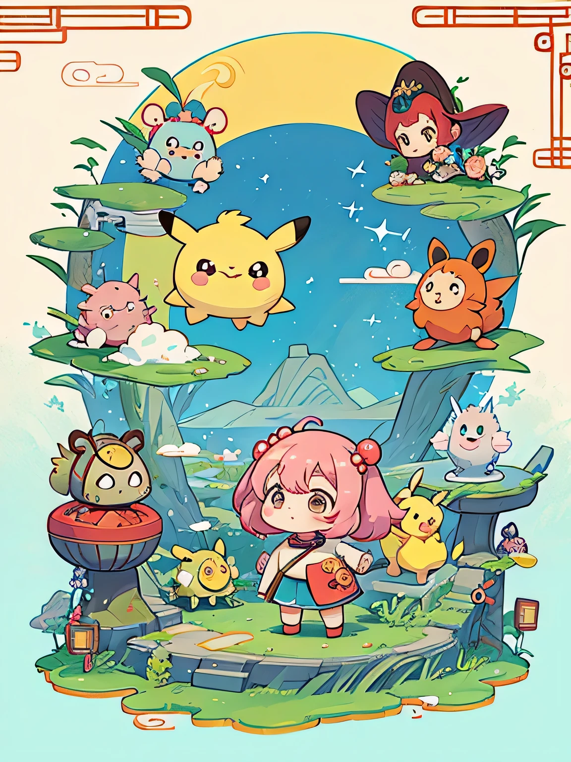 Hayao Miyazaki style、Kawaii Design, most beautiful girl ever、Chibi, (((expedition)))、(((ancient China))), Prince Shotoku, Pikachu, Totoro, Lunar Surface, Colorful and cute pillbugs, Wukong