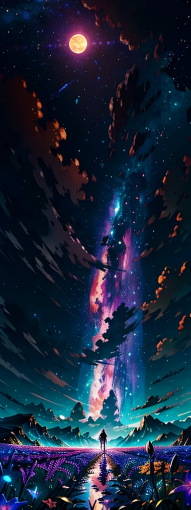 expansive landscape photograph , (a view from below that shows sky above and open field below), a girl standing on flower field looking up, (full moon:1.2), ( shooting stars:0.9), (nebula:1.3), distant mountain, tree BREAK
production art, (warm light source:1.2), (Firefly:1.2), lamp, lot of purple and orange, intricate details, volumetric lighting BREAK
(masterpiece:1.2), (best quality), 4k, ultra-detailed, (dynamic composition:1.4), highly detailed, colorful details,( iridescent colors:1.2), (glowing lighting, atmospheric lighting), dreamy, magical, (solo:1.2)