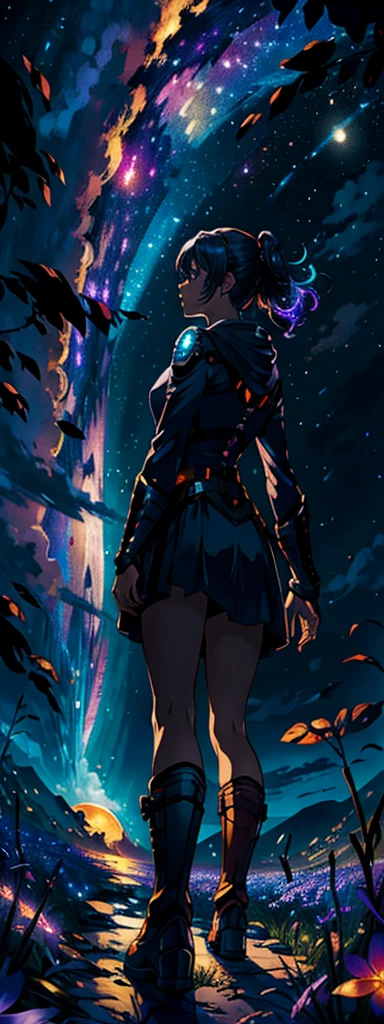 expansive landscape photograph , (a view from below that shows sky above and open field below), a girl standing on flower field looking up, (full moon:1.2), ( shooting stars:0.9), (nebula:1.3), distant mountain, tree BREAK
production art, (warm light source:1.2), (Firefly:1.2), lamp, lot of purple and orange, intricate details, volumetric lighting BREAK
(masterpiece:1.2), (best quality), 4k, ultra-detailed, (dynamic composition:1.4), highly detailed, colorful details,( iridescent colors:1.2), (glowing lighting, atmospheric lighting), dreamy, magical, (solo:1.2)