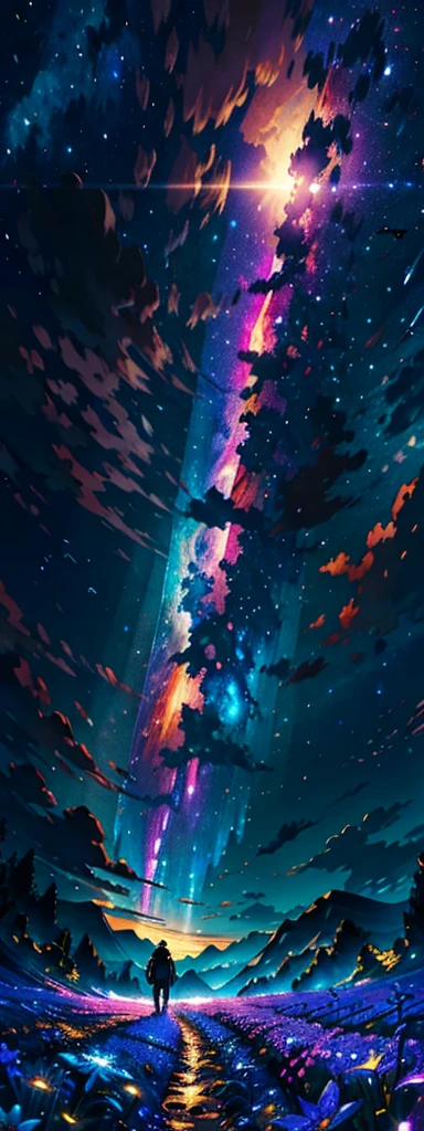 expansive landscape photograph , (a view from below that shows sky above and open field below), a girl standing on flower field looking up, (full moon:1.2), ( shooting stars:0.9), (nebula:1.3), distant mountain, tree BREAK
production art, (warm light source:1.2), (Firefly:1.2), lamp, lot of purple and orange, intricate details, volumetric lighting BREAK
(masterpiece:1.2), (best quality), 4k, ultra-detailed, (dynamic composition:1.4), highly detailed, colorful details,( iridescent colors:1.2), (glowing lighting, atmospheric lighting), dreamy, magical, (solo:1.2)