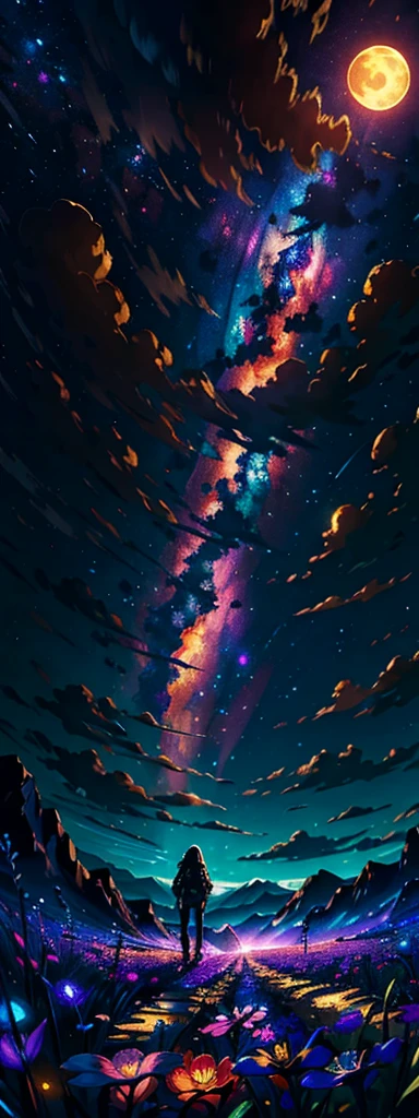 expansive landscape photograph , (a view from below that shows sky above and open field below), a girl standing on flower field looking up, (full moon:1.2), ( shooting stars:0.9), (nebula:1.3), distant mountain, tree BREAK
production art, (warm light source:1.2), (Firefly:1.2), lamp, lot of purple and orange, intricate details, volumetric lighting BREAK
(masterpiece:1.2), (best quality), 4k, ultra-detailed, (dynamic composition:1.4), highly detailed, colorful details,( iridescent colors:1.2), (glowing lighting, atmospheric lighting), dreamy, magical, (solo:1.2)