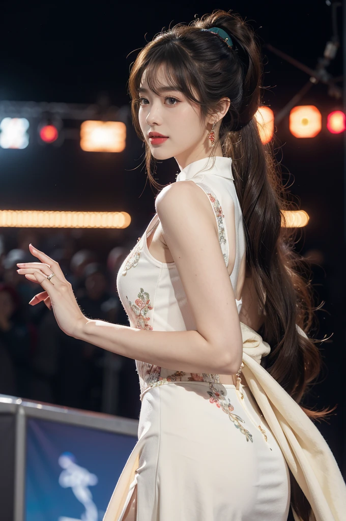 1girl,bangs,bare arms,collar,maxi white lace cheongsam,detailed background,detailed eyes,brown hair,earrings,upper body,jewelry,slim,flat chest,ponytail,looking at viewer,makeup,night scene,red lips,signature,laughing,solo,standing,On the T-stage,catwalk,fashion show,Surrounded by crowded crowds on both sides of the stage,neon lights