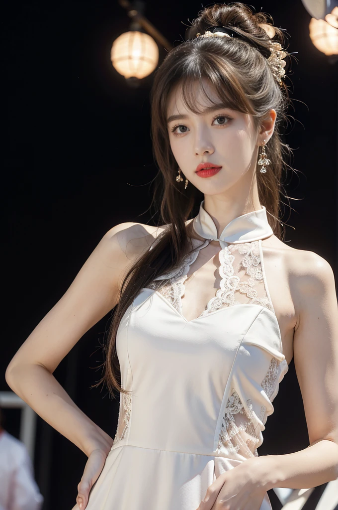 1girl,bangs,bare arms,collar,maxi white lace cheongsam,detailed background,detailed eyes,brown hair,earrings,upper body,jewelry,slim,flat chest,ponytail,looking at viewer,makeup,night scene,red lips,signature,laughing,solo,standing,On the T-stage,catwalk,fashion show,Surrounded by crowded crowds on both sides of the stage,neon lights