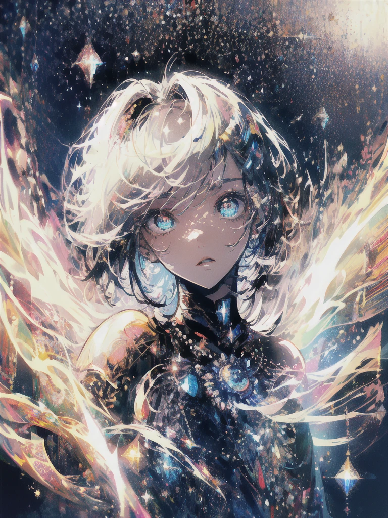 ((masterpiece, highest quality, Super detailed, High resolution)), alone, beautiful girl, shining eyes, perfect eyes, 15 years old, black white gold theme,