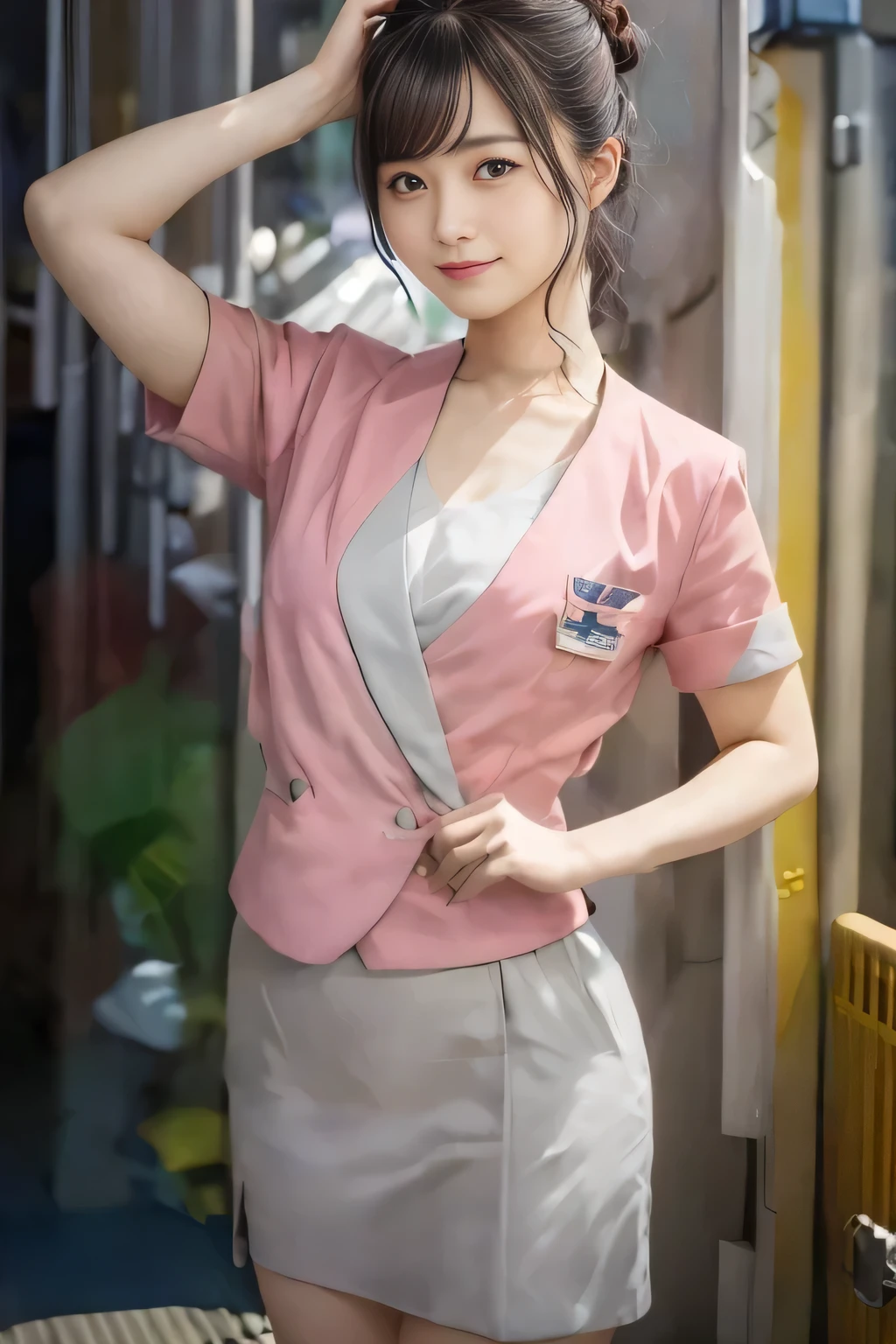 (masterpiece:1.2, Highest quality:1.2), 32K HDR, High resolution, (alone、1 girl)、 (Height: 160cm)、(On the rooftop of a building in the daytime、Professional Lighting)、Building rooftop background、(Nankai train crew uniform pinkを着たリアルスタイル)、(Nankai train crew uniform pink short sleeve collarless pink jacket、Nankai Train Crew Uniform Pink Collarless Short Sleeve Blouse、Nankai Train Crew Uniform Pink Grey Knee-length Culottes)、Dark brown hair、(Hair tied up、Hair tied up、Evening curly hairstyle)、Dark brown hair、Long Shot、Big Breasts、Thin legs、((Great hands:2.0)),((Harmonious body proportions:1.5)),((Normal limbs:2.0)),((Normal finger:2.0)),((Delicate eyes:2.0)),((Normal eyes:2.0)))、smile、(Nankai Train Crew Uniform Pink Grey Knee-length Culottesを見せた美しい歩く姿)、Place your hands around your stomach、Lanyard employee ID card