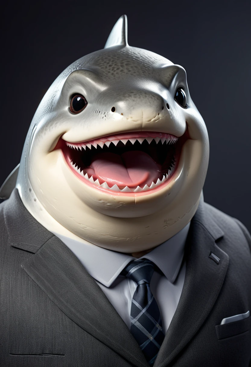 face close up photo of anthropomorphic fat shark ,(beak), (furry), dressed in a dark gray suit, (sticking out tongue:1.5),(happy smile:1.5),(playful:1.2), soft lighting, Cinematic, hdr, primitive, Intricate, High quality, smoothing tones, Intricate details, Low contrast,(viewed from side:2.0), (looking to the side:1.5), simple background