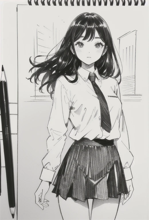 One Girl,Line art,Monochrome,sketch,Pencil drawing,Traditional Media,One Girl, 黒いskirtフェンス, Long Hair Shirt, Long sleeve, skirt, alone、Are standing、Cute Teenage Girl, ,Beautiful portrait、Delicate body、Esbian all over、Black Hair、Black Hair,landscape