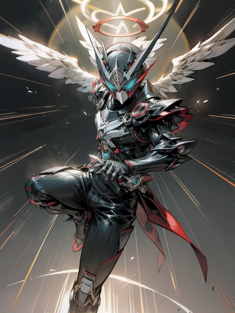 Kamen Rider,Angel, woman,heaven battle arena background,rider kick,halo,devil custumize morter cycle riding,Kamen riders battle royal,view viewers view
