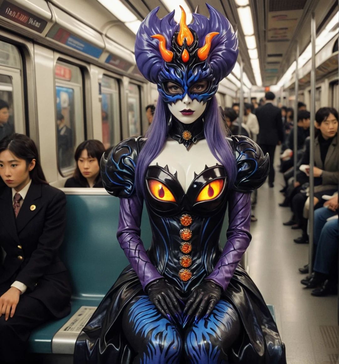 kaijinxl. full body, perfect anatomy. a tall countess, from the side, wearing a black shadows (violet dark flames:1.2) monster themed costume and mysterious glowing blue eyed mask with flames form headgear. emphasized-details, seated on Tokyo metro with shocked people look at her, gloomy, retro filter, VHS screencap,  