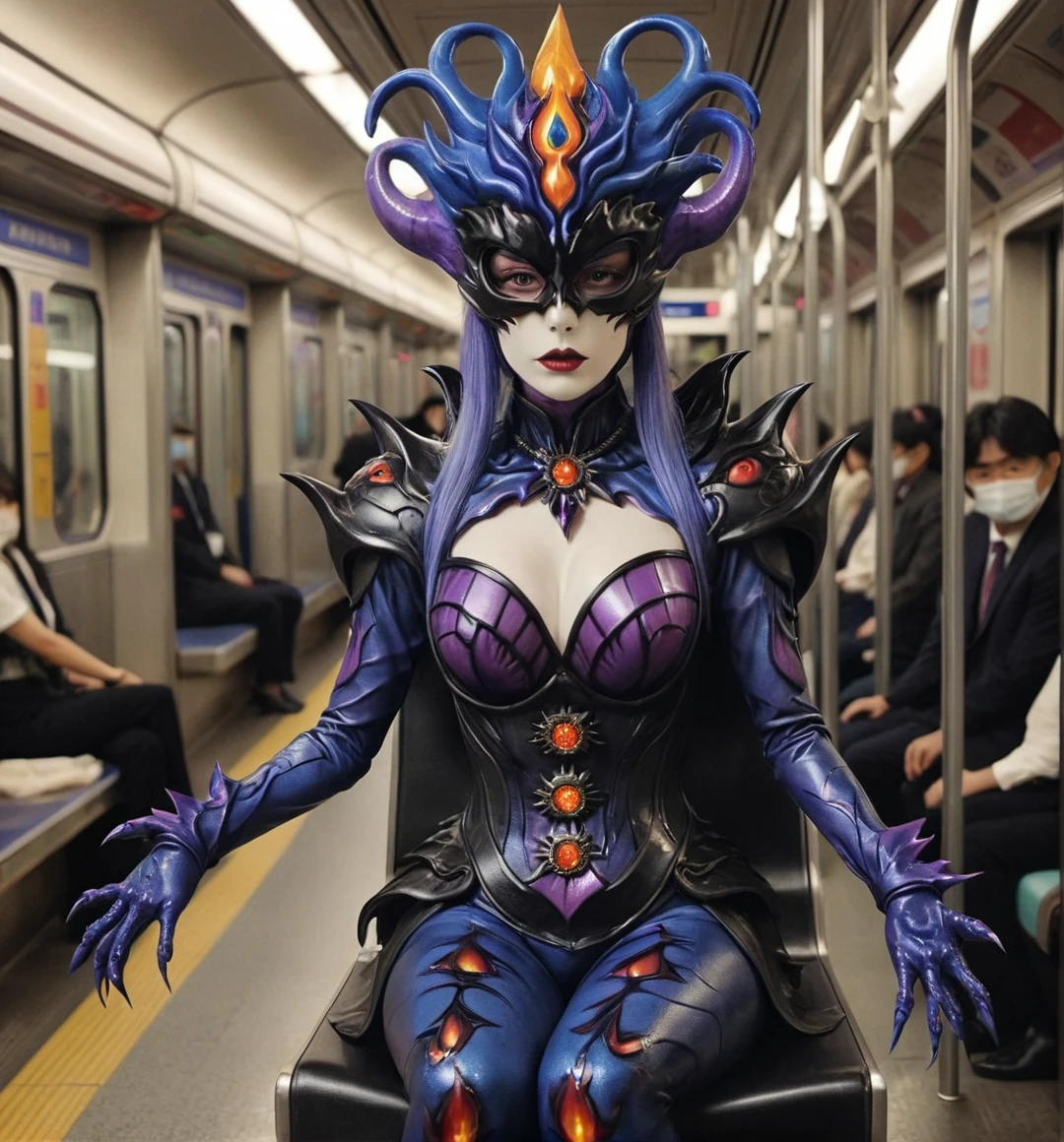 kaijinxl. full body, perfect anatomy. a tall countess, from the side, wearing a black shadows (violet dark flames:1.2) monster themed costume and mysterious glowing blue eyed mask with flames form headgear. emphasized-details, seated on Tokyo metro with shocked people look at her, gloomy, retro filter, VHS screencap,  