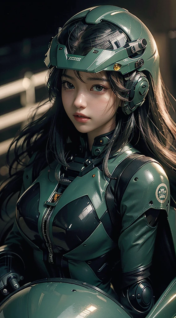 Highest image quality, outstanding details, ultra-high resolution, (realism: 1.4), the best illustration, favor details, highly condensed 1girl, with a delicate and beautiful face, dressed in a black and green mecha, wearing a mecha helmet, holding a directional controller, riding on a motorcycle, the background is a high-tech lighting scene of the future city.