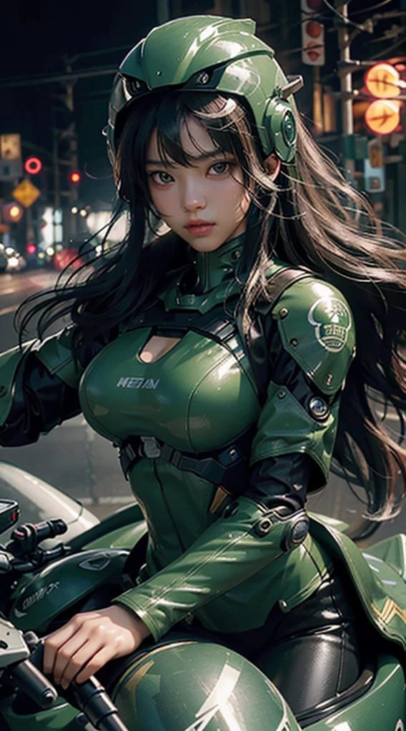 Highest image quality, outstanding details, ultra-high resolution, (realism: 1.4), the best illustration, favor details, highly condensed 1girl, with a delicate and beautiful face, dressed in a black and green mecha, wearing a mecha helmet, holding a directional controller, riding on a motorcycle, the background is a high-tech lighting scene of the future city.