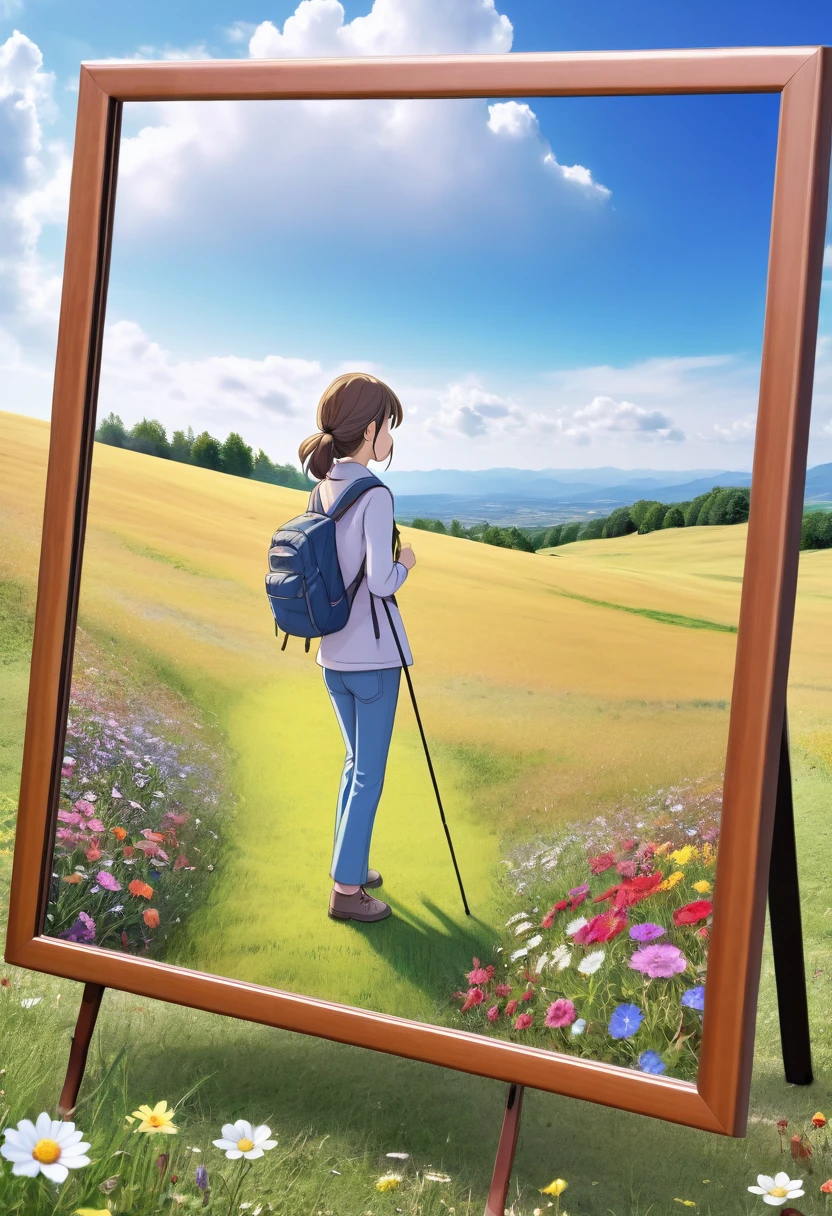 A wooden picture frame is placed on a tripod in a wide grassland filled with colorful flowers., The view inside the frame is a highly detailed photograph, The scenery outside the frame is an anime-style photo, Back view of a woman peering into a picture frame, Hiker style woman, Wearing tight long pants, A strange worldview, Parallel world style, Distortion of Space, (masterpiece:1.4), (Highest quality:1.4), Very detailed, Complex, Very detailedな, shape,colorful, Colorized,