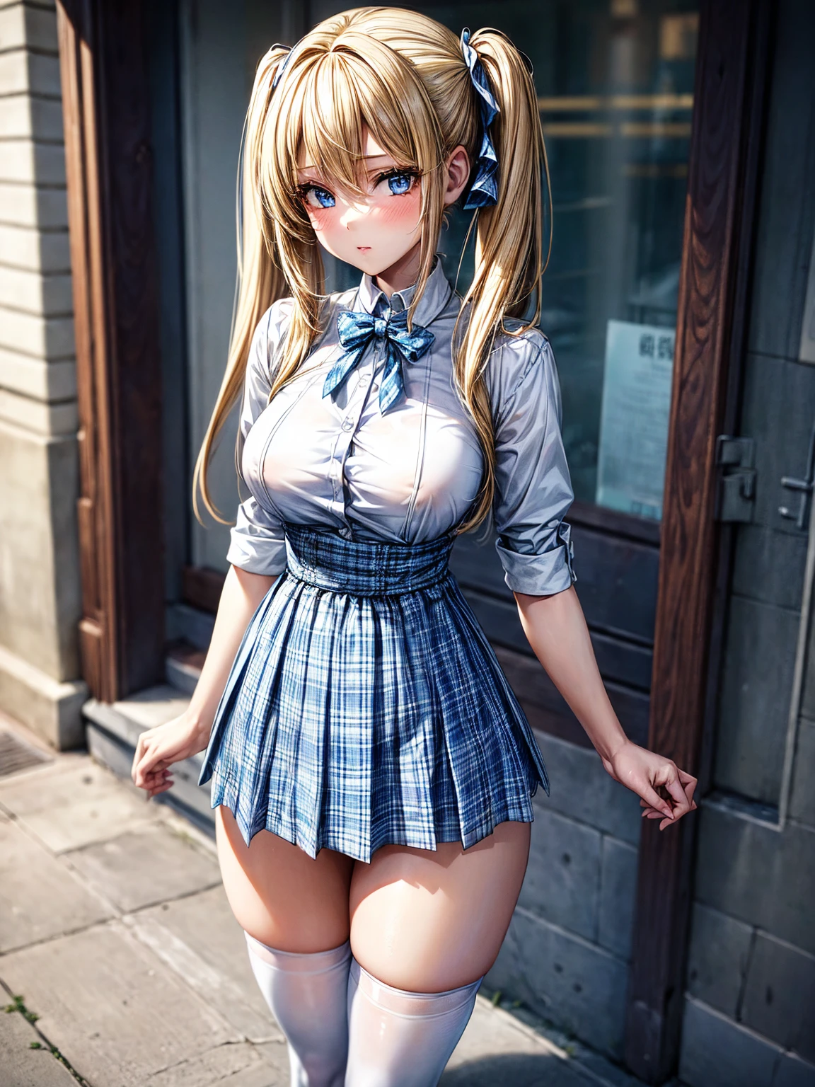 1girl,masterpiece,best quality,blonde hair,(dual short ponytails),blue eyes,(white stockings),(light blue plaid skirt),standing,in full length,medium breasts,white t shirt,in front of streets,extremely detailed,[[realistic]],beautiful alluring anime ,seductive anime girl,slim body