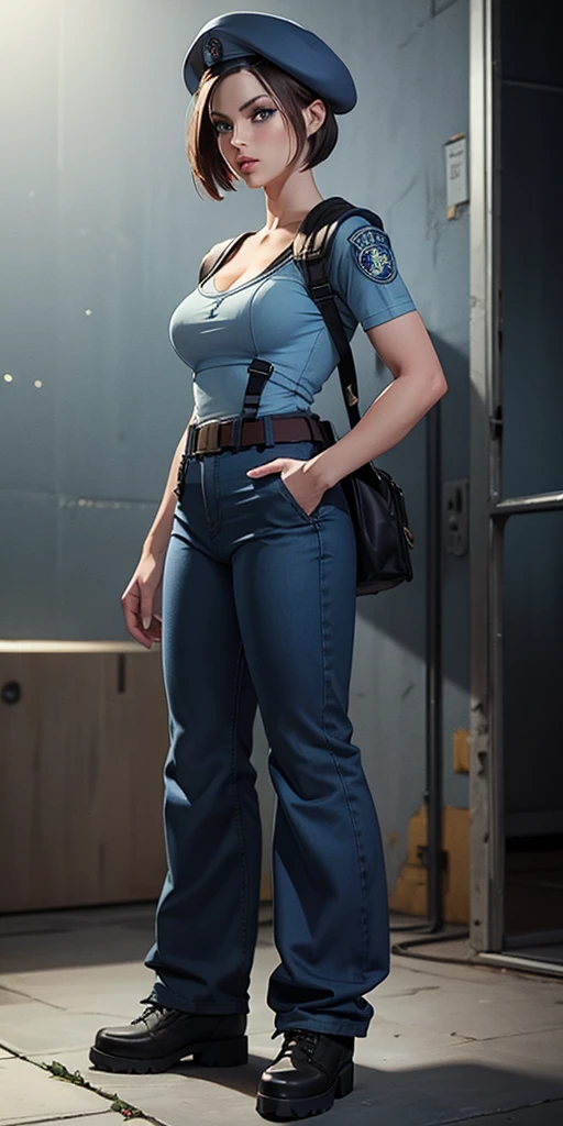 Jill Valentine, masterpiece, best quality, 1girl, solo, standing, jillre1, beret, uniform, shoulder pads, short sleeves, harness, belt, bell-bottom blue pants(Wide flares on pants:1.2), cleavage, black combat boots, full body, perfect blue eyes, perfect red mouth,
