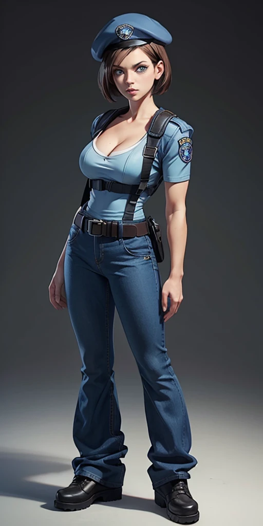 Jill Valentine, masterpiece, best quality, 1girl, solo, standing, jillre1, beret, uniform, shoulder pads, short sleeves, harness, belt, bell-bottom blue pants(Wide flares on pants:1.2), cleavage, black combat boots, full body, perfect blue eyes, perfect red mouth,