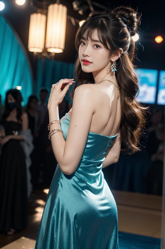 1girl,bangs,bare shoulders,necklace,strapless blue dress,detailed background,detailed eyes,brown hair,earrings,upper body,jewelry,slim,bare back,messy hair,looking at viewer,makeup,night scene,red lips,signature,laughing,solo,standing,On the T-stage,catwalk,fashion show,Surrounded by crowded crowds on both sides of the stage,neon lights,from back,towering hips,butt crack