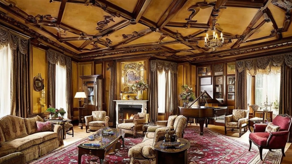 arafed living room with a piano and a piano in the corner, a matte painting by senior artist, cg society contest winner, baroque, lavishly decorated, living room background, steampunk living room, gothic mansion room, very ornamented, 8k high quality detailed art, elegant and ornate, thomas kinkade. forest room, cozy living room background