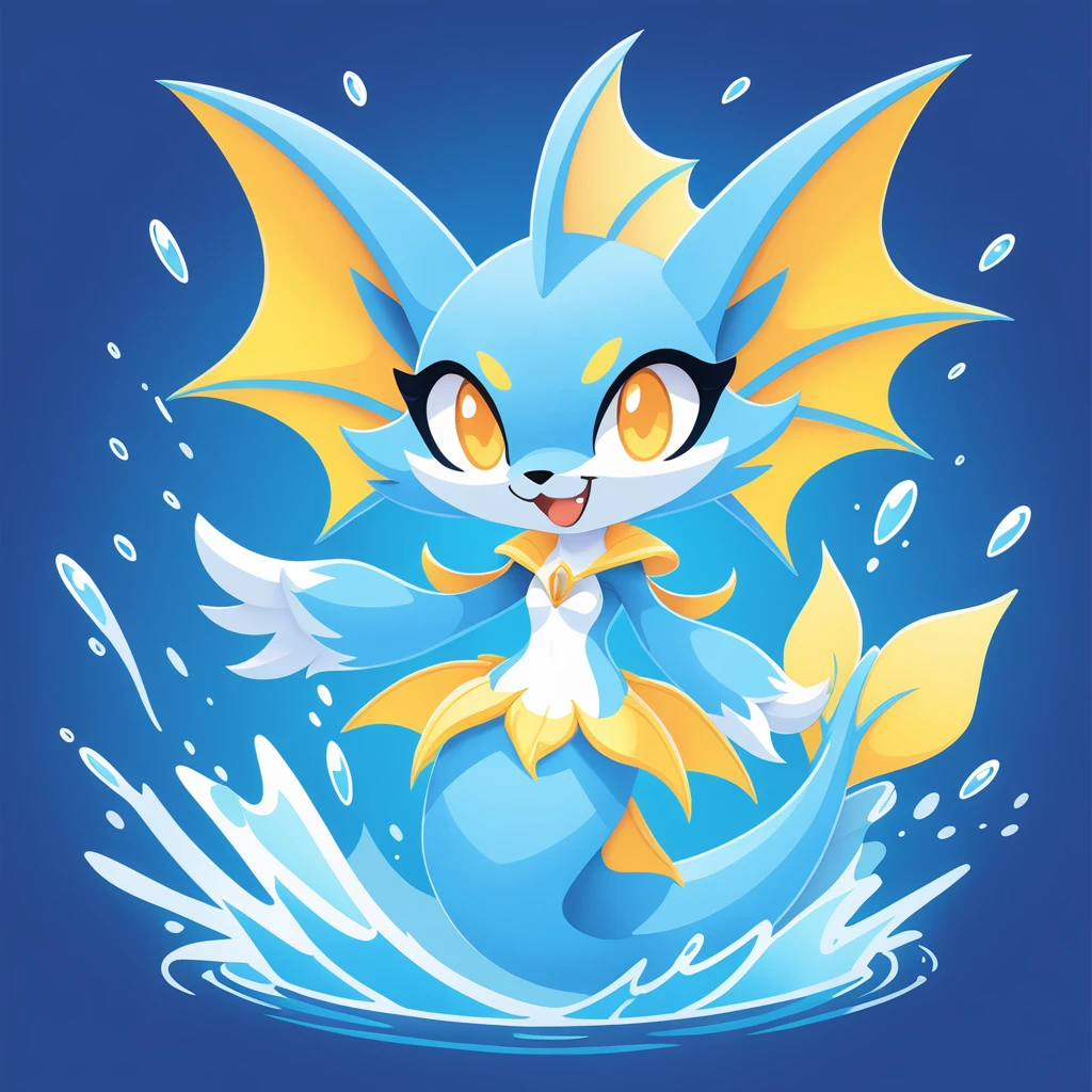 Mermaid fox with light blue fur white frill and tail fin and yellow and navy head fins able to shoot water at enemies, in card art style