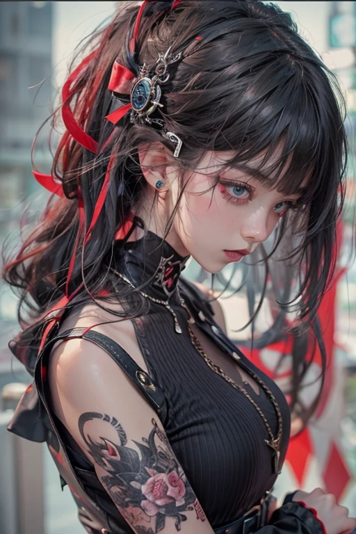 Highest quality、8k、masterpiece：1.3、Gothic Punk、The inside color is red、Gray Black Hair、hair ornaments、Beautiful girl、creative、Punk Shirt、Neogoth、Goth Fashion：1.2、High resolution、masterpiece、Highest quality、頭w:1.3、((Hasselblad Photos))、Fine skin、Sharp focus、(Cinematic lighting)、Walking the Tokyo Nightlife Behind the Neon, Forehead open, 、Stroking one&#39;s hair back、Shoulder Bare、Red tattoo on the décolletage