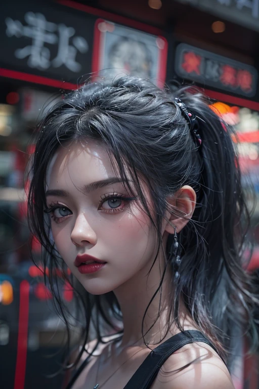 Highest quality、8k、masterpiece:1.3、Gothic Punk、The inside color is red、Gray Black Hair、hair ornaments、Beautiful girl、creative、Punk Shirt、Neogoth、Goth Fashion:1.2、High resolution、masterpiece、Highest quality、頭w:1.3、((Hasselblad Photos))、Fine skin、Sharp focus、(Cinematic lighting)、Walking the Tokyo Nightlife Behind the Neon, Forehead open, 、Stroking one's hair back、Shoulder Bare、Red tattoo on the décolletage