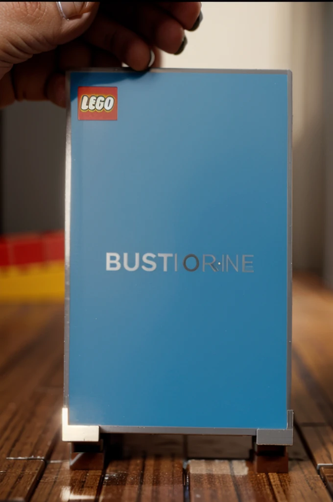 A close up shot of a business card on top of lego brick