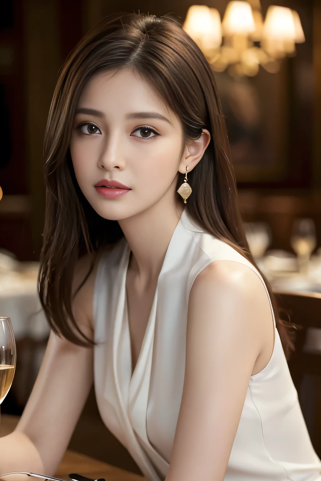 masterpiece, Highest quality, Realistic, Very detailed, Finer details, High resolution, 8k wallpaper, One beautiful woman, Wear an elegant silk shirt, In a great restaurant, At night, Light brown messy hair, Perfect dynamic composition, Beautiful and beautiful eyes、Big earrings、Sleeveless shirt、