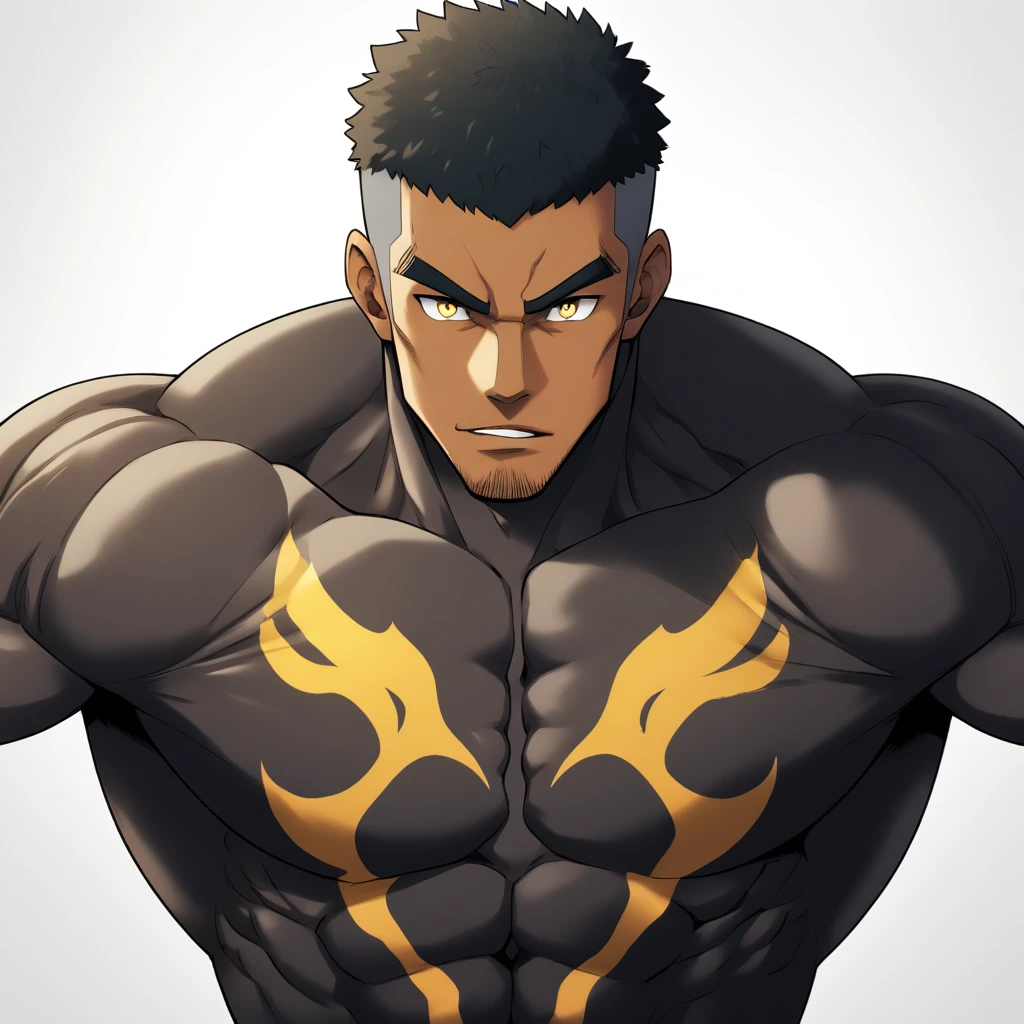 negro, negro, negro, anime characters:Gyee, Muscle Sports Student, negro black skin, Very Black, 1 muscular tough guy, Manliness, male focus, Dark grey and Yellow long sleeve tights, Symmetrical floral pattern, Very tight, The pectoral muscles are oversized, Slightly transparent, muscular male, muscular, only, Upper body, alone, Black short hair, Thick eyebrows, stubble, Yellow eyes, White background, simple background, amazing quality, best aesthetics, Ridiculous, bright pupils, crew cut, parted lips, seductive smile, torogao, naughty face, best quality