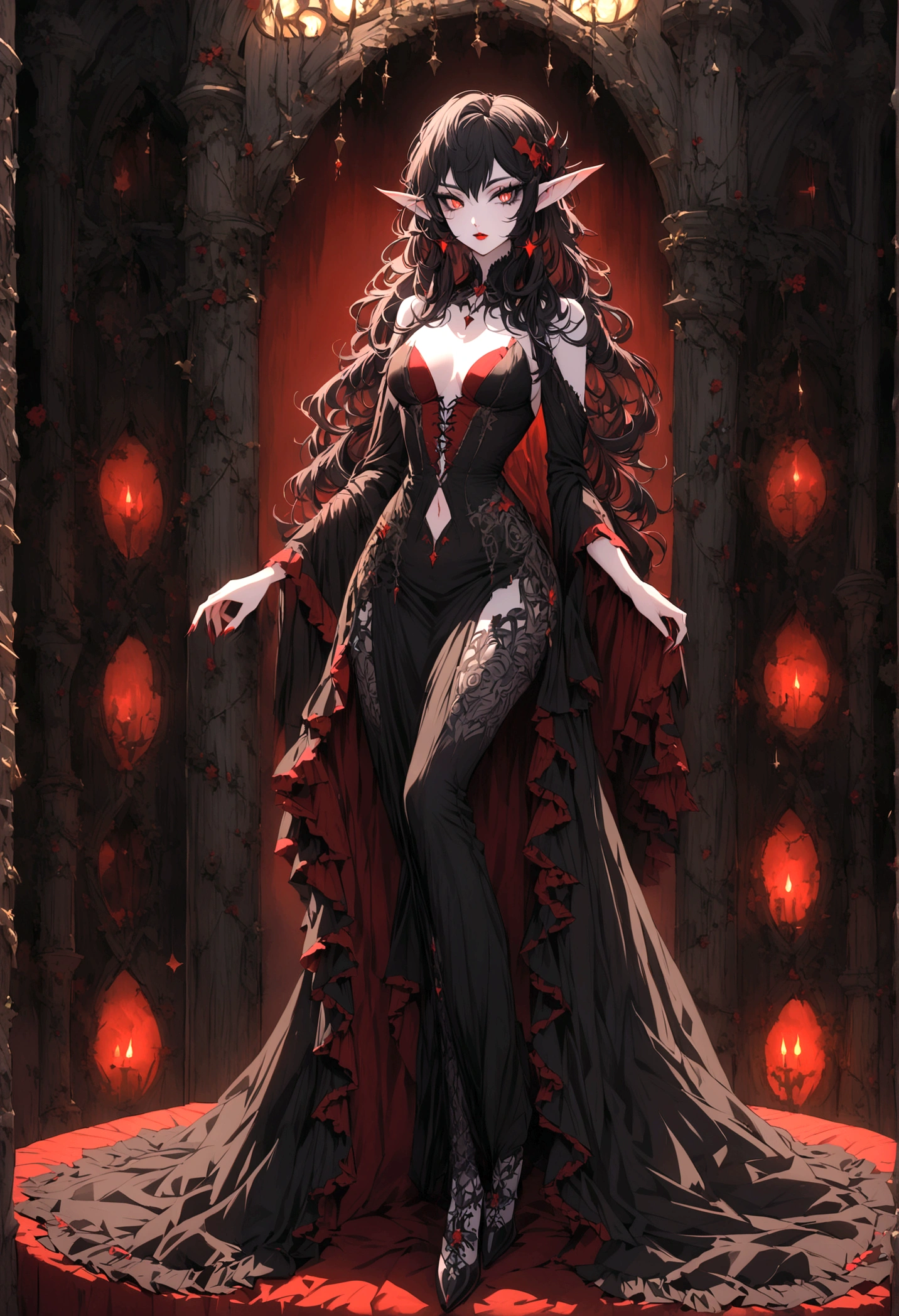 Create an image of the most stunningly gorgeous beautiful perfect sexy vampire elf, beautiful perfect face, long luscious eyelashes, black eyeliner, perfect makeup, lipstick, vibrant detailed vampire slit pupils, detailed black hair, highlights in hair, seductive gothic intricate black dress, full body view,