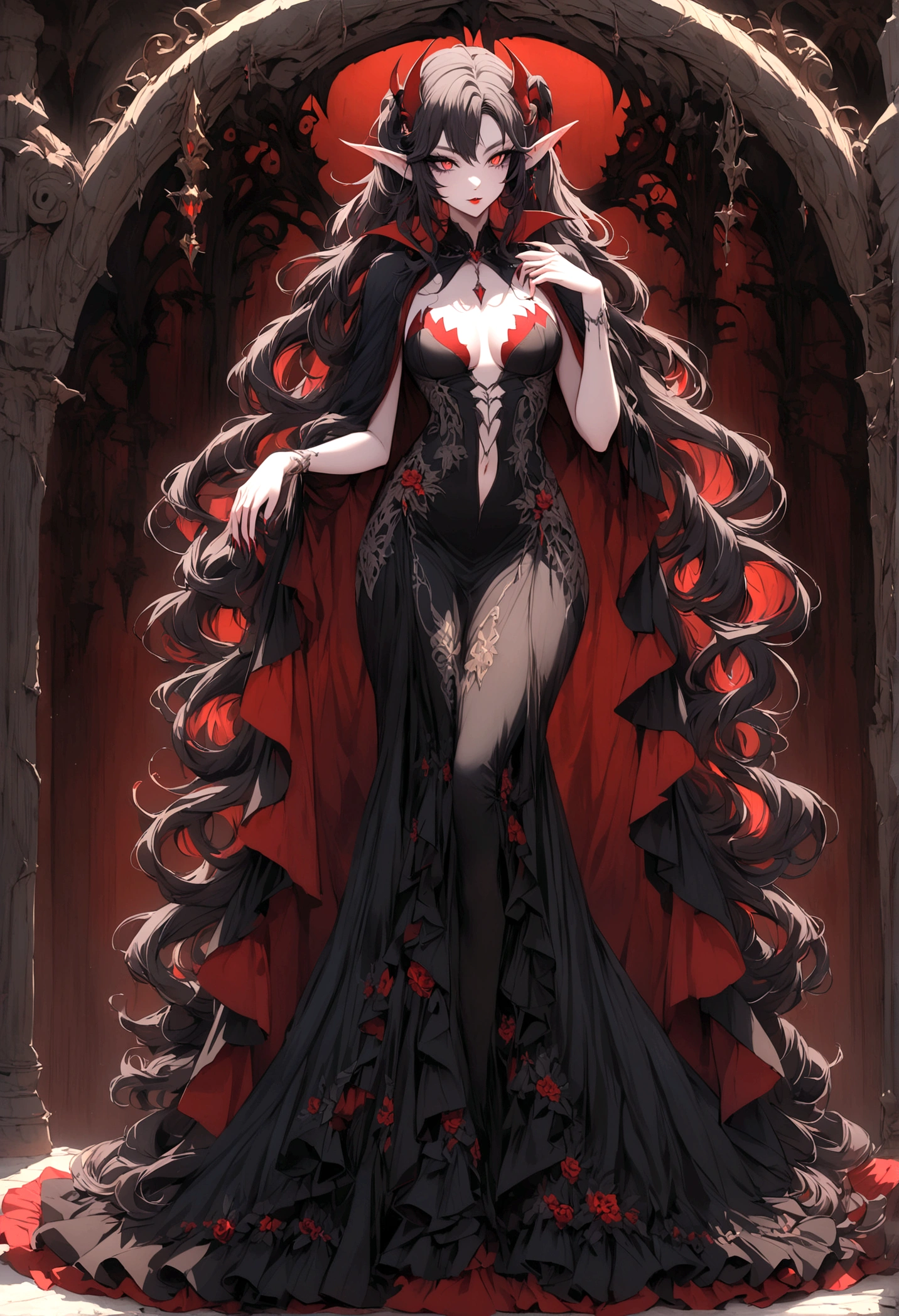 Create an image of the most stunningly gorgeous beautiful perfect sexy vampire elf, beautiful perfect face, long luscious eyelashes, black eyeliner, perfect makeup, lipstick, vibrant detailed vampire slit pupils, detailed black hair, highlights in hair, seductive gothic intricate black dress, full body view,